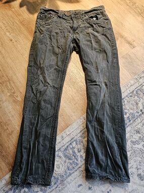 Mens Grey Washed Rock Revival Jeans Size 34x32 Grant Chopper Grunge No Button